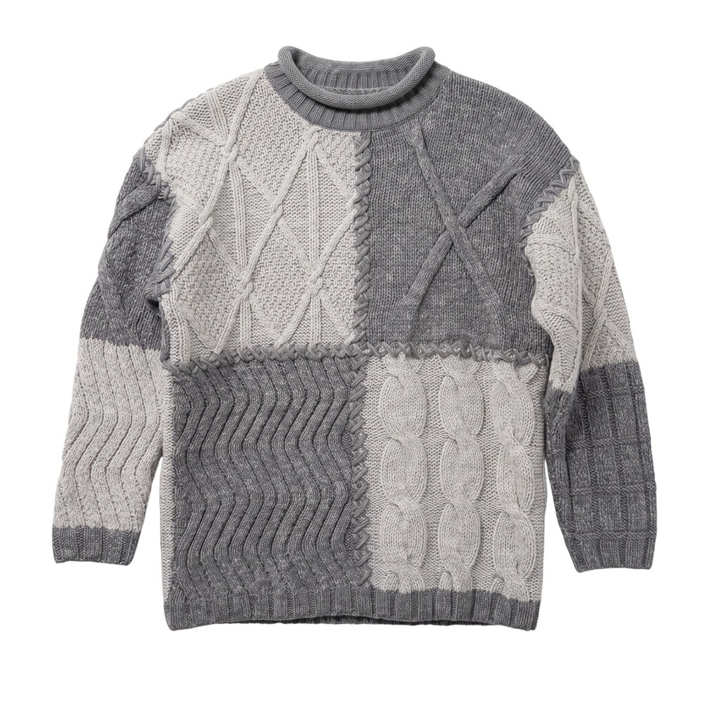 Bossini 100% Wool patchwork Mixed cable-knit sweater rolled turtleneck Women L